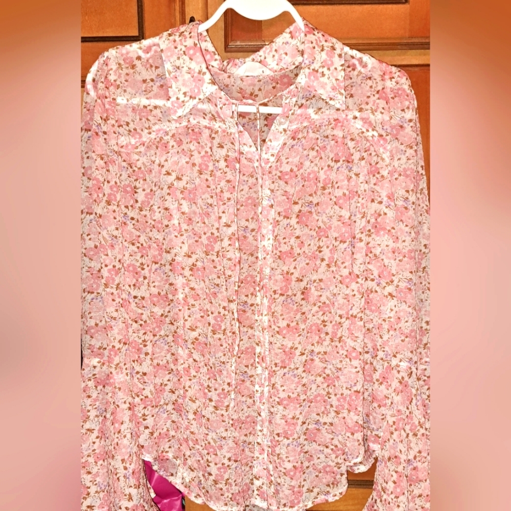 Ladies Dee Dee Floral DITSY Button Up Blouse Tie Front Sheer Med Belle Sleeves